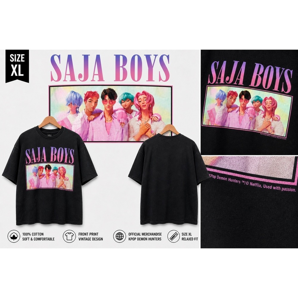 Netflix KPop Demon Hunters SAJA BOYS Graphic T-Shirt Men's XL Black Licensed Tee